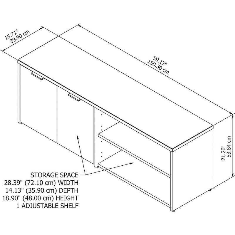 Meuble bas de bureau blanc et noyer avec portes et étagères ouvertes