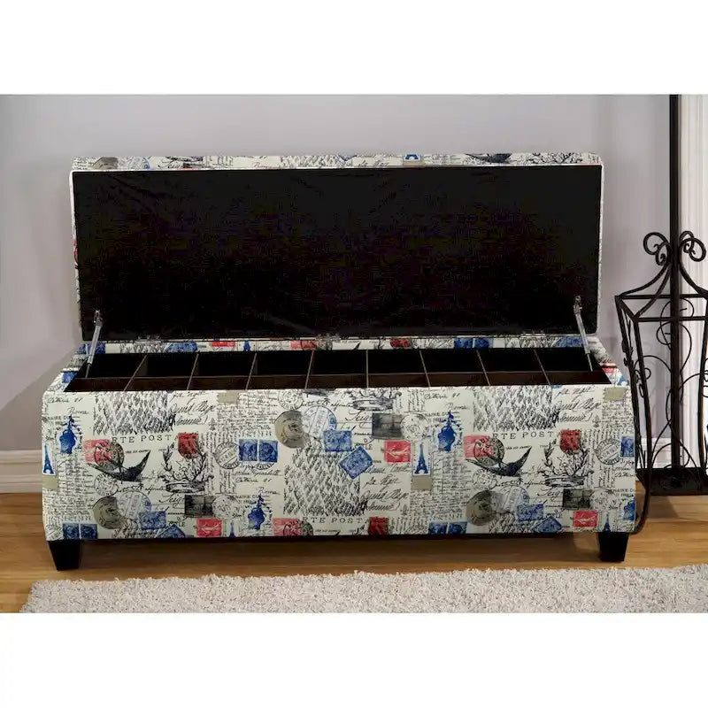 Banc de rangement pour chaussures rembourré Off-White avec imprimé carte postale et intérieur divisé