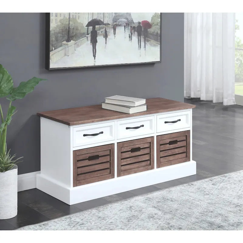 Banc de rangement marron et blanc avec 3 tiroirs et paniers en bois