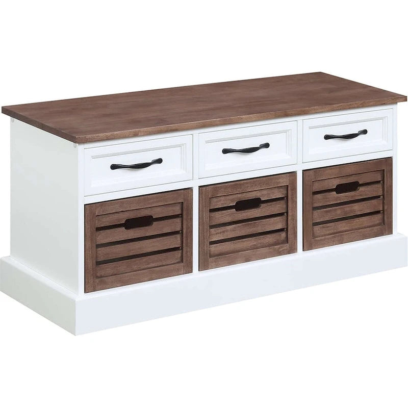 Banc de rangement marron et blanc avec 3 tiroirs et paniers en bois