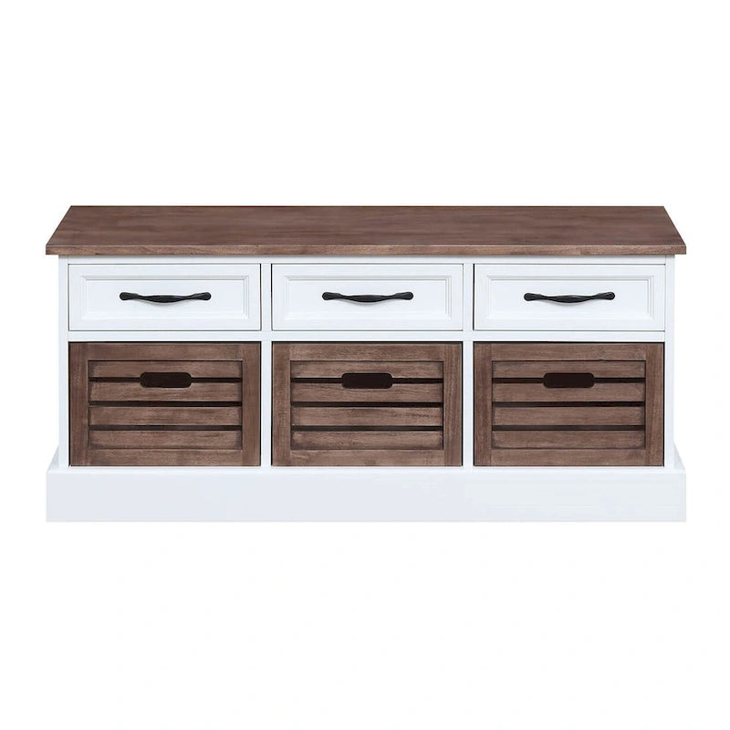 Banc de rangement marron et blanc avec 3 tiroirs et paniers en bois