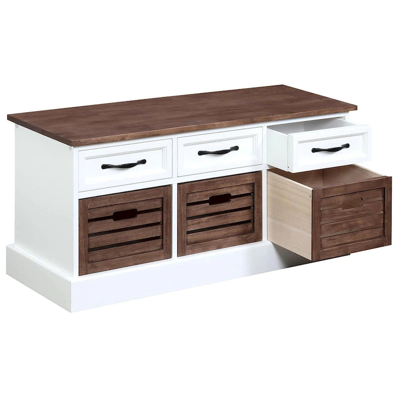 Banc de rangement marron et blanc avec 3 tiroirs et paniers en bois