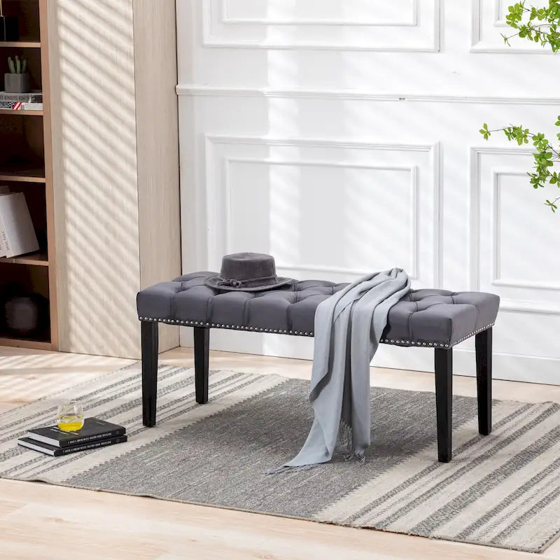 Banc Ottoman Capitoué en Velours avec Clous Décoratifs et Pieds en Bois, Multicolore