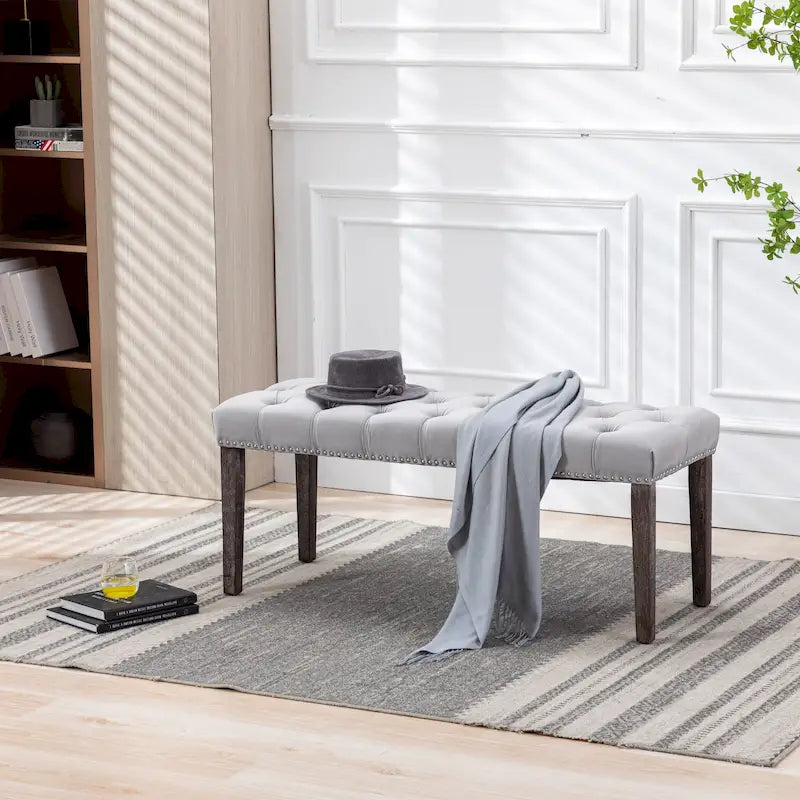 Banc Ottoman Capitoué en Velours avec Clous Décoratifs et Pieds en Bois, Multicolore