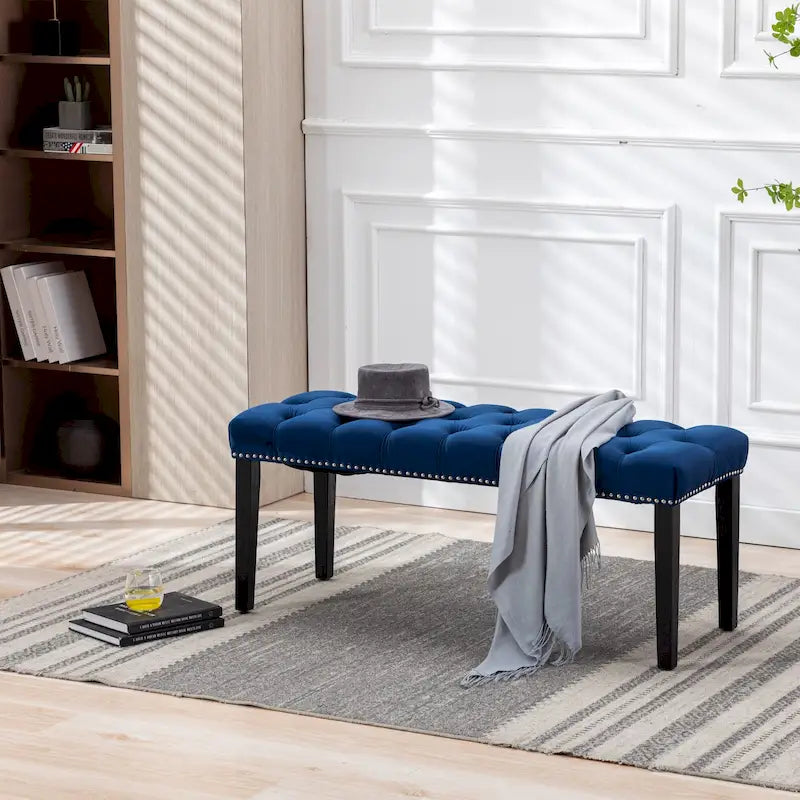 Banc Ottoman Capitoué en Velours avec Clous Décoratifs et Pieds en Bois, Multicolore