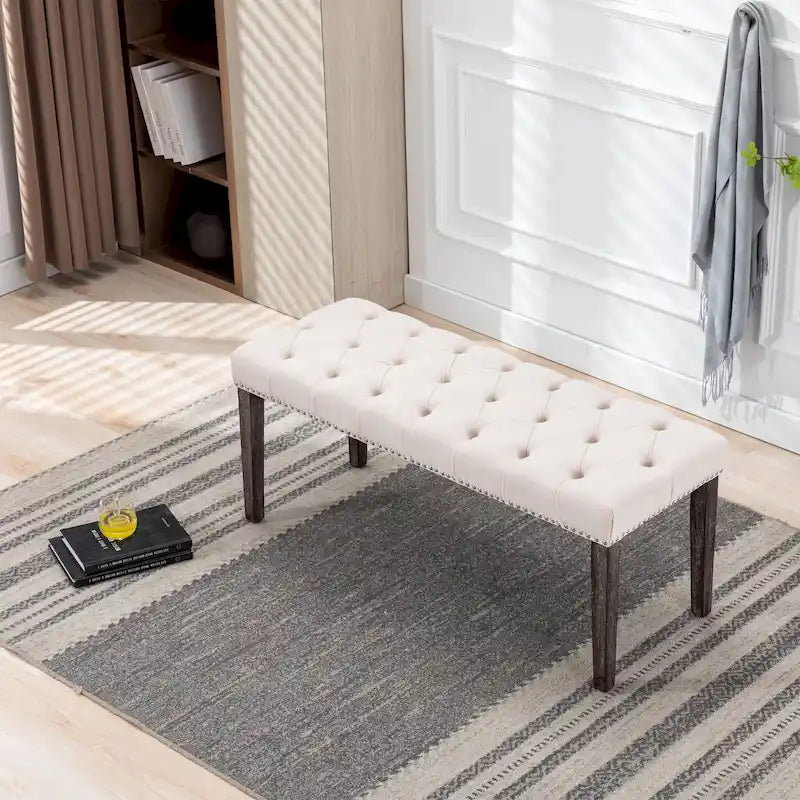 Banc Ottoman Capitoué en Velours avec Clous Décoratifs et Pieds en Bois, Multicolore