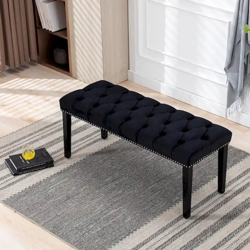 Banc Ottoman Capitoué en Velours avec Clous Décoratifs et Pieds en Bois, Multicolore