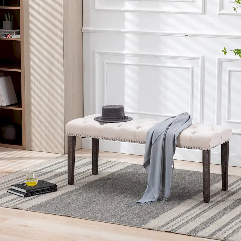 Banc Ottoman Capitoué en Velours avec Clous Décoratifs et Pieds en Bois, Multicolore