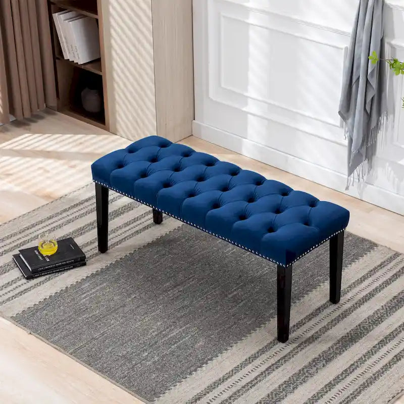 Banc Ottoman Capitoué en Velours avec Clous Décoratifs et Pieds en Bois, Multicolore
