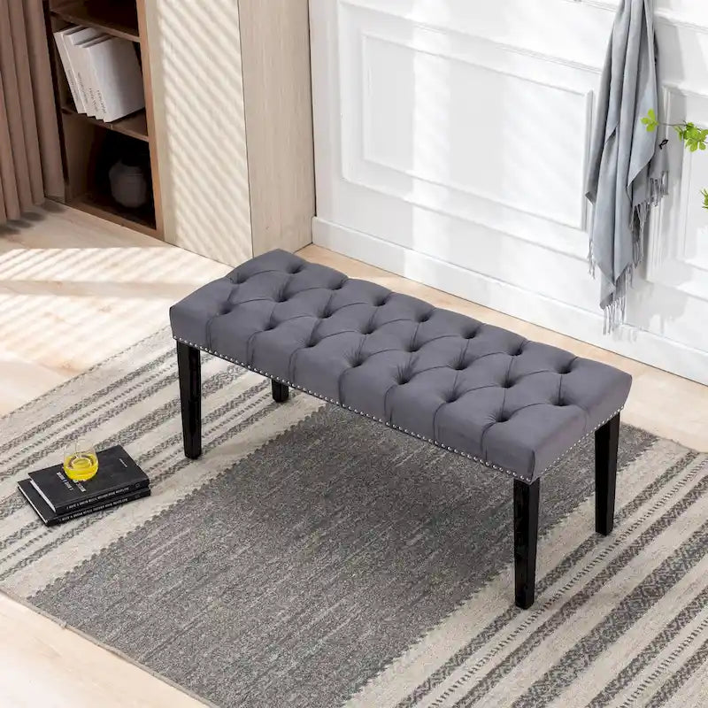 Banc Ottoman Capitoué en Velours avec Clous Décoratifs et Pieds en Bois, Multicolore