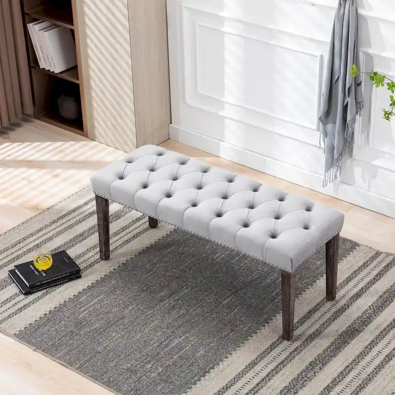 Banc Ottoman Capitoué en Velours avec Clous Décoratifs et Pieds en Bois, Multicolore