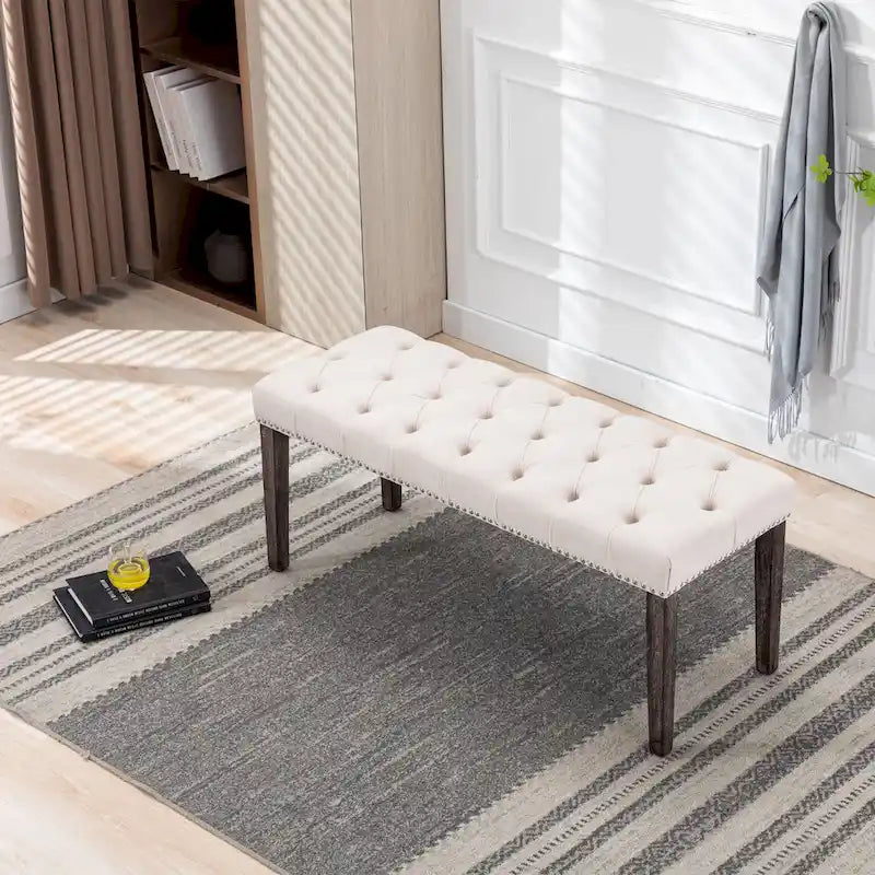 Banc Ottoman Capitoué en Velours avec Clous Décoratifs et Pieds en Bois, Multicolore