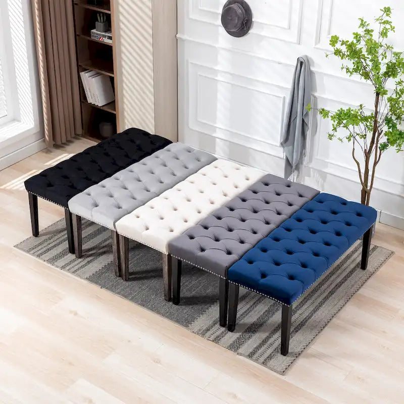 Banc Ottoman Capitoué en Velours avec Clous Décoratifs et Pieds en Bois, Multicolore