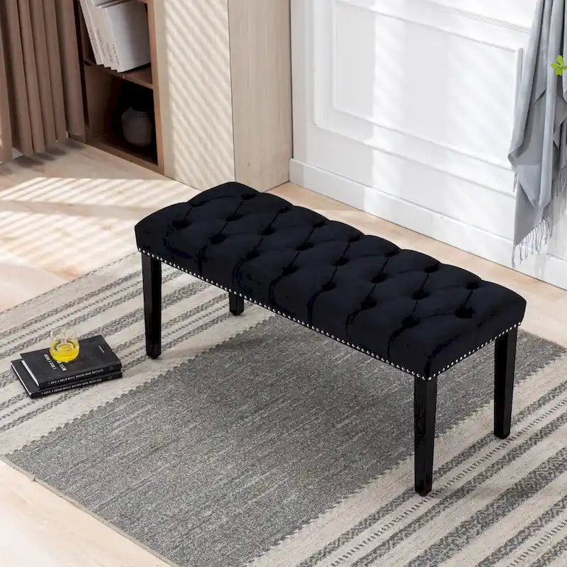 Banc Ottoman Capitoué en Velours avec Clous Décoratifs et Pieds en Bois, Multicolore