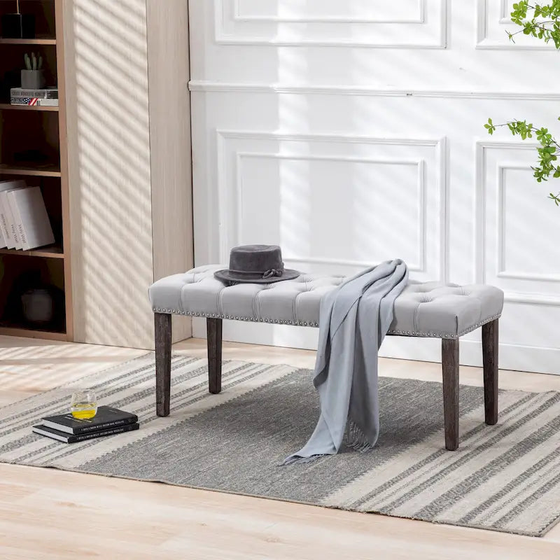 Banc Ottoman Capitoué en Velours avec Clous Décoratifs et Pieds en Bois, Multicolore