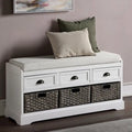 Banc de rangement en bois blanc avec coussin d'assise, 3 tiroirs et 3 paniers tressés