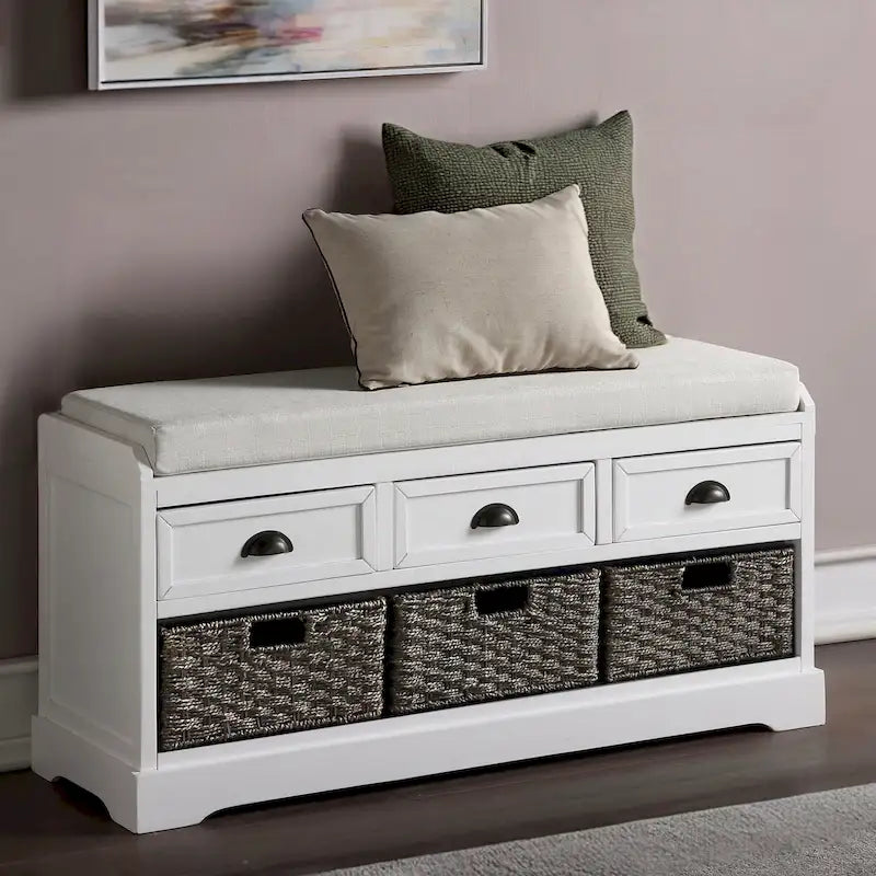 Banc de rangement en bois blanc avec coussin d'assise, 3 tiroirs et 3 paniers tressés