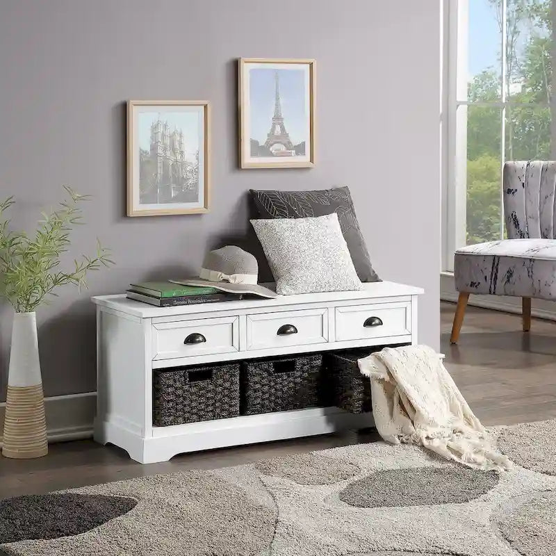 Banc de rangement en bois blanc avec coussin d'assise, 3 tiroirs et 3 paniers tressés