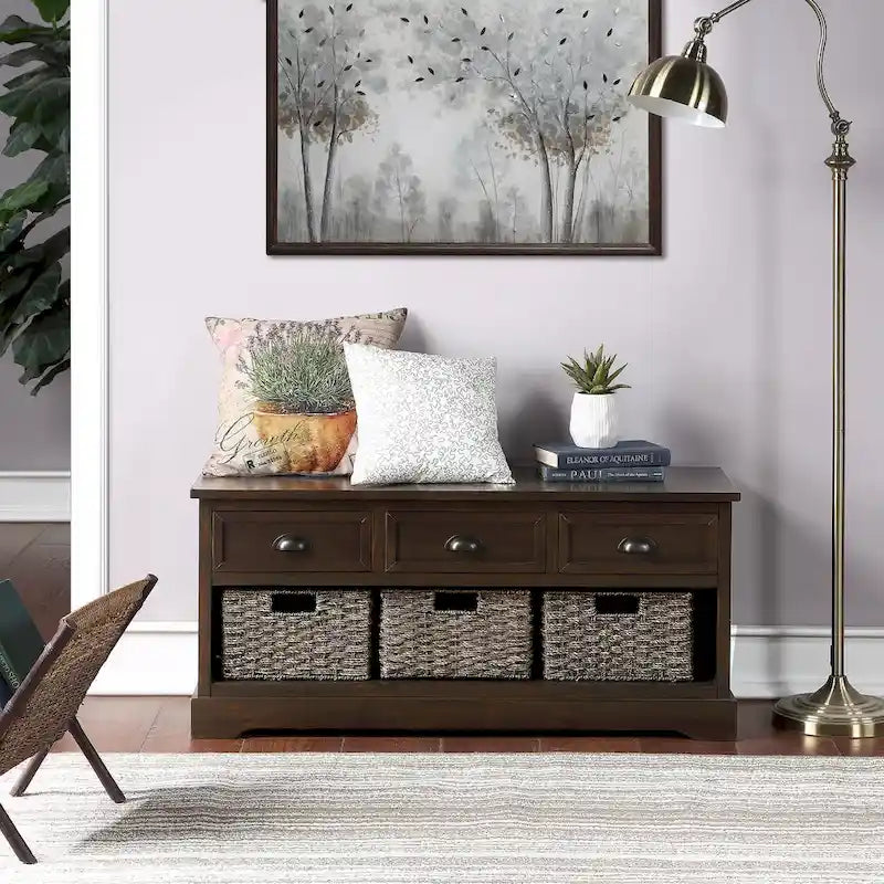 Banc de rangement en bois blanc avec coussin d'assise, 3 tiroirs et 3 paniers tressés