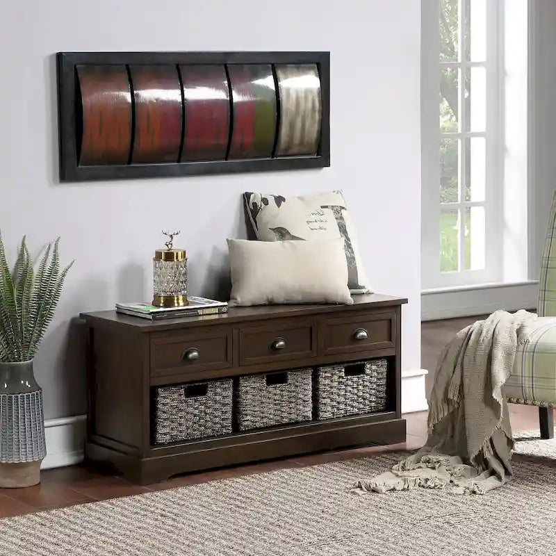 Banc de rangement en bois blanc avec coussin d'assise, 3 tiroirs et 3 paniers tressés