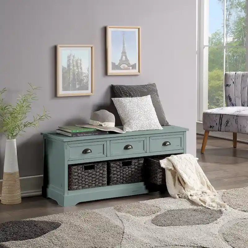 Banc de rangement en bois blanc avec coussin d'assise, 3 tiroirs et 3 paniers tressés