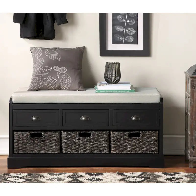 Banc de rangement en bois blanc avec coussin d'assise, 3 tiroirs et 3 paniers tressés