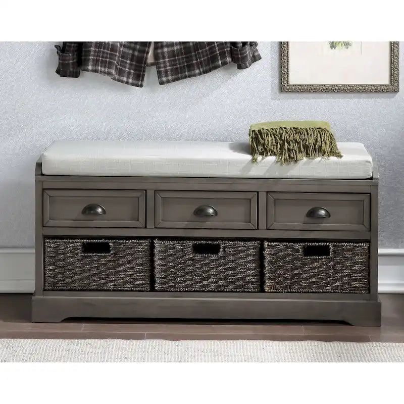 Banc de rangement en bois blanc avec coussin d'assise, 3 tiroirs et 3 paniers tressés
