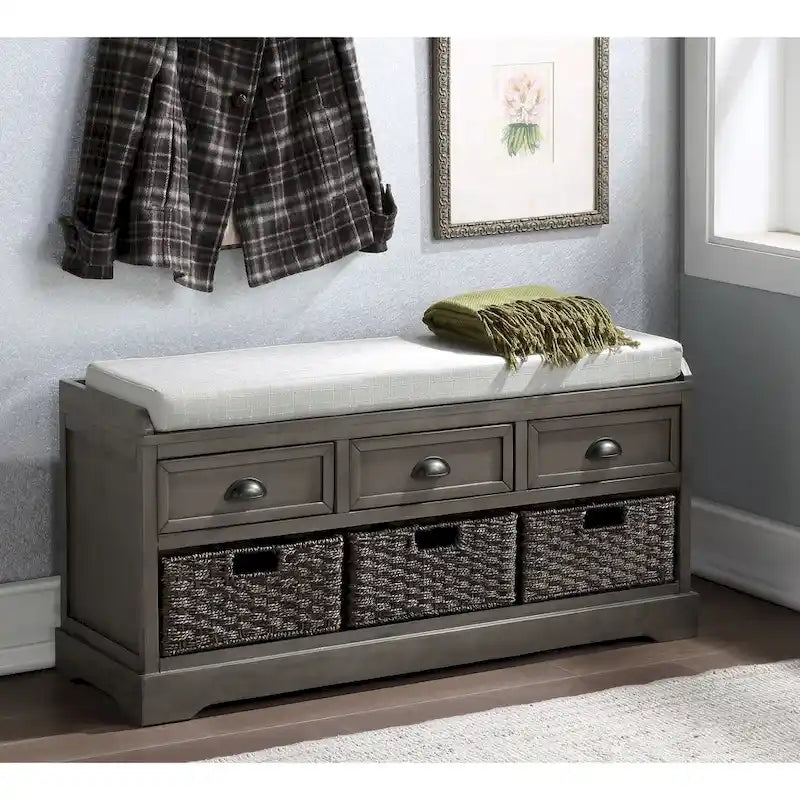 Banc de rangement en bois blanc avec coussin d'assise, 3 tiroirs et 3 paniers tressés