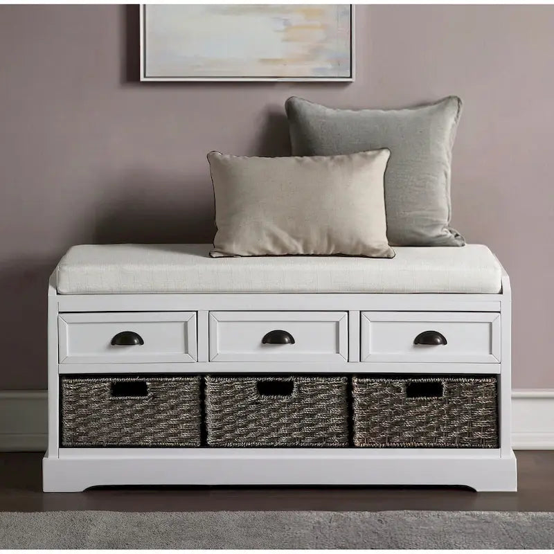 Banc de rangement en bois blanc avec coussin d'assise, 3 tiroirs et 3 paniers tressés