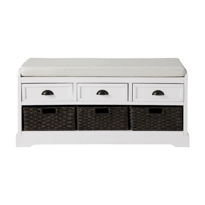 Banc de rangement en bois blanc avec coussin d'assise, 3 tiroirs et 3 paniers tressés