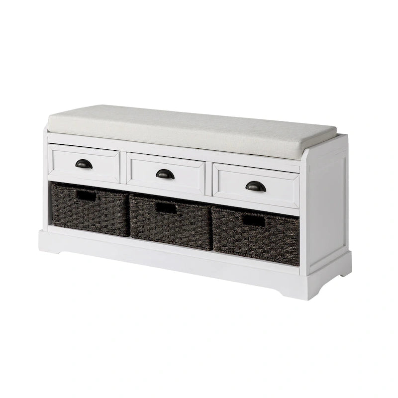 Banc de rangement en bois blanc avec coussin d'assise, 3 tiroirs et 3 paniers tressés