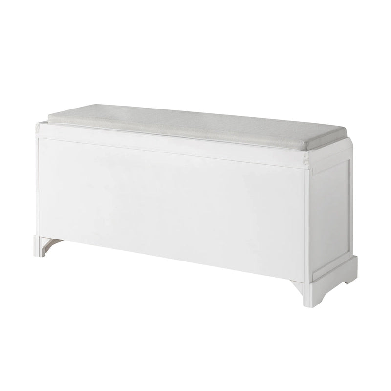 Banc de rangement en bois blanc avec coussin d'assise, 3 tiroirs et 3 paniers tressés