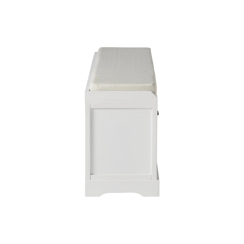 Banc de rangement en bois blanc avec coussin d'assise, 3 tiroirs et 3 paniers tressés