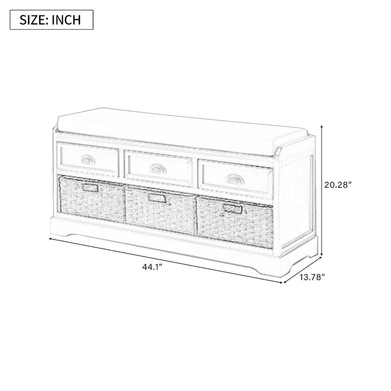 Banc de rangement en bois blanc avec coussin d'assise, 3 tiroirs et 3 paniers tressés