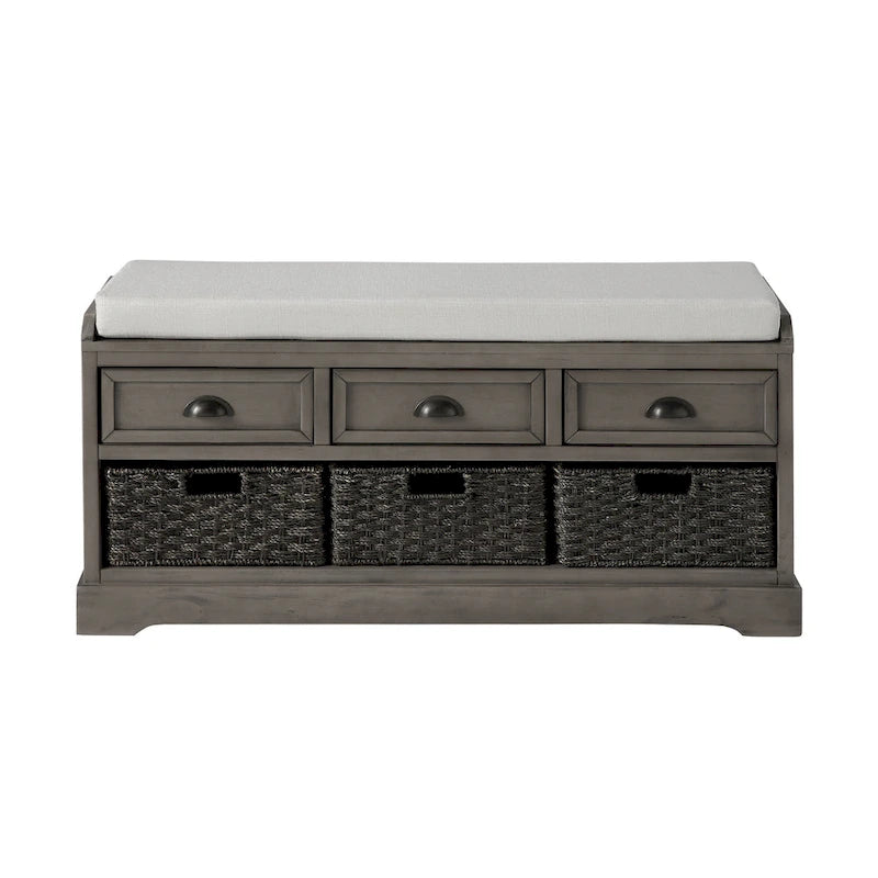 Banc de rangement en bois blanc avec coussin d'assise, 3 tiroirs et 3 paniers tressés