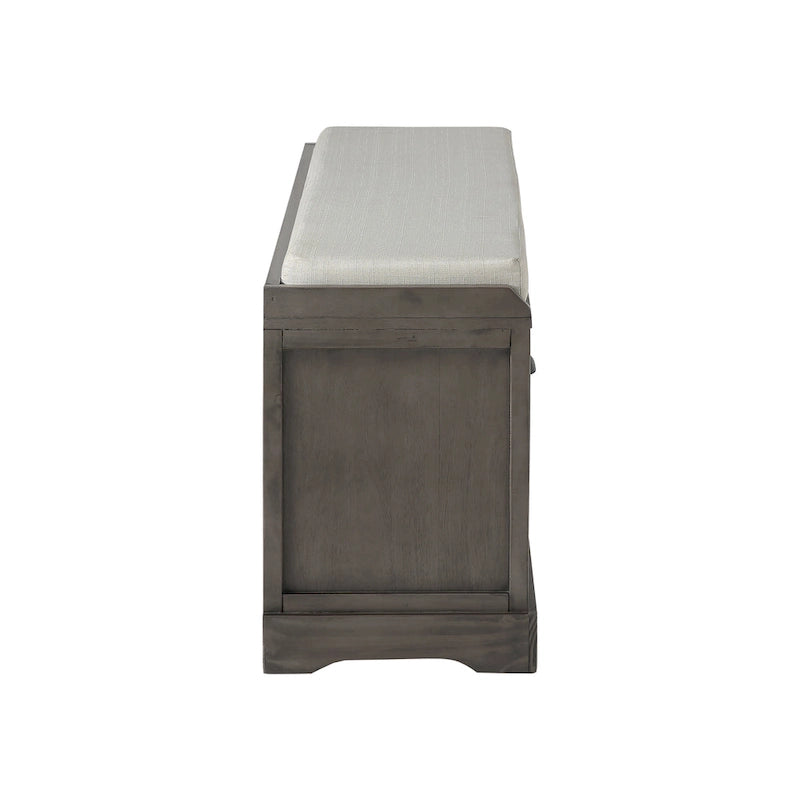 Banc de rangement en bois blanc avec coussin d'assise, 3 tiroirs et 3 paniers tressés