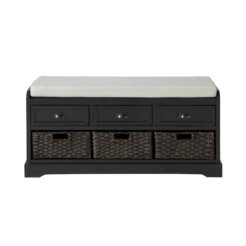 Banc de rangement en bois blanc avec coussin d'assise, 3 tiroirs et 3 paniers tressés