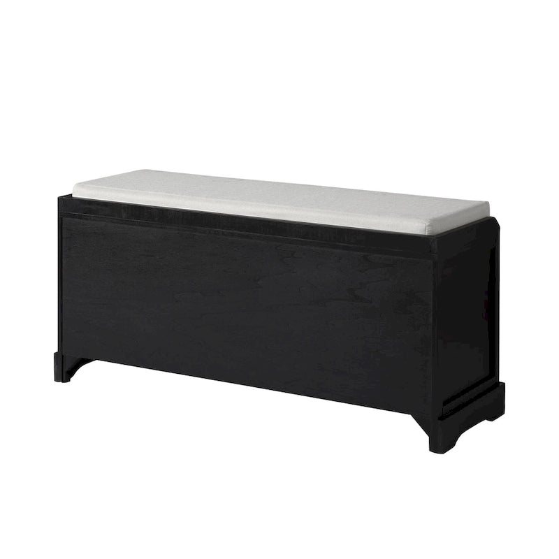Banc de rangement en bois blanc avec coussin d'assise, 3 tiroirs et 3 paniers tressés