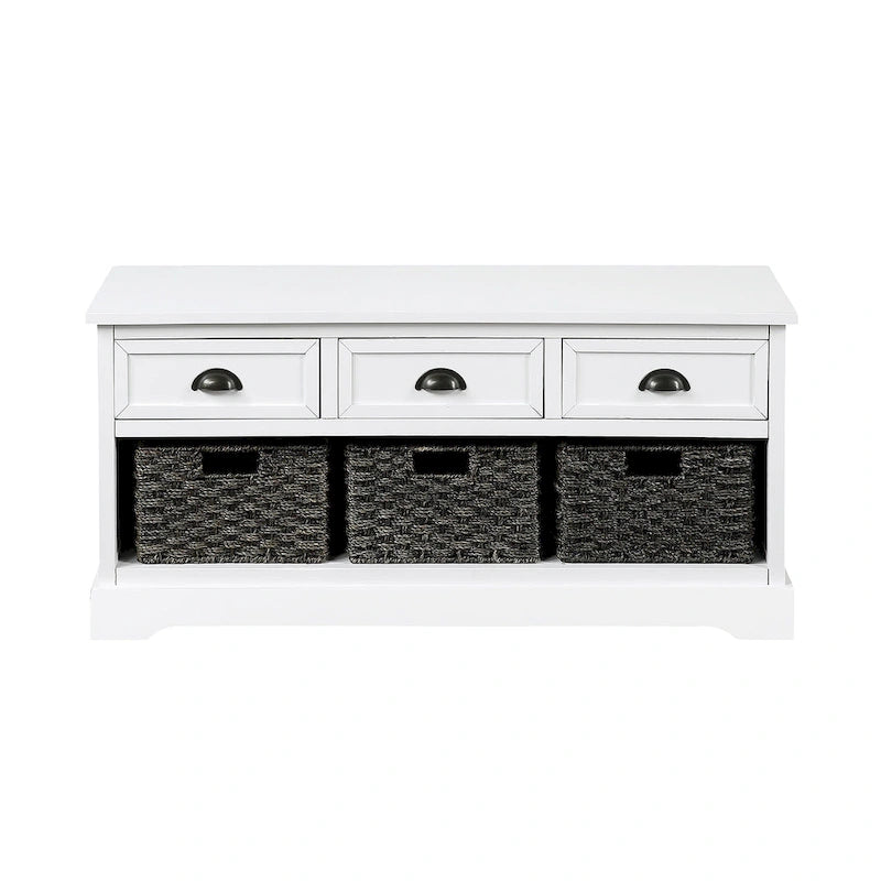 Banc de rangement en bois blanc avec coussin d'assise, 3 tiroirs et 3 paniers tressés
