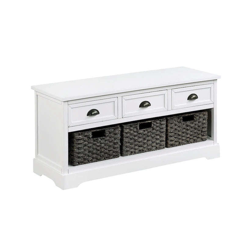 Banc de rangement en bois blanc avec coussin d'assise, 3 tiroirs et 3 paniers tressés