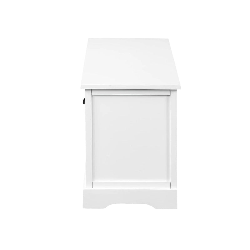 Banc de rangement en bois blanc avec coussin d'assise, 3 tiroirs et 3 paniers tressés