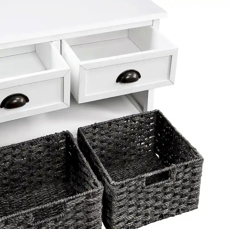 Banc de rangement en bois blanc avec coussin d'assise, 3 tiroirs et 3 paniers tressés