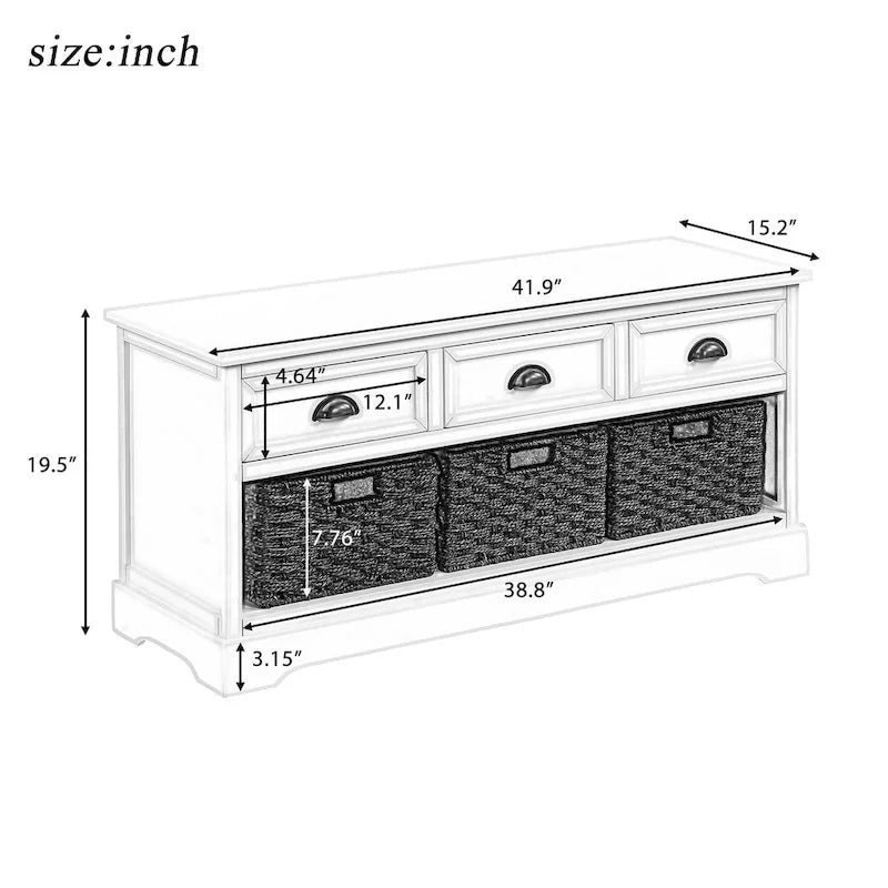 Banc de rangement en bois blanc avec coussin d'assise, 3 tiroirs et 3 paniers tressés