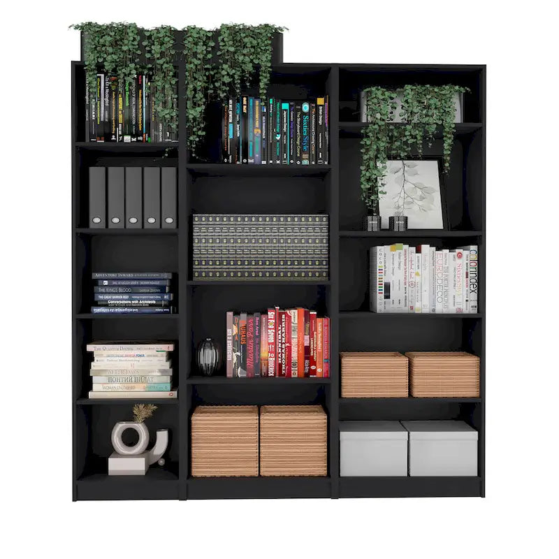 Ensemble de 3 bibliothèques ouvertes, 170 cm de large x 180 cm de haut avec modules d'étagères mixtes (Kenyon)