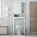 Meuble de rangement blanc à poser au-dessus des toilettes avec porte à panneaux à rainures et languettes et étagères ouvertes
