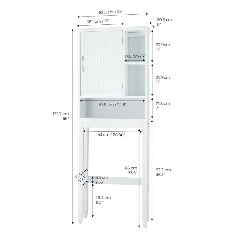 Meuble de rangement blanc à poser au-dessus des toilettes avec porte à panneaux à rainures et languettes et étagères ouvertes
