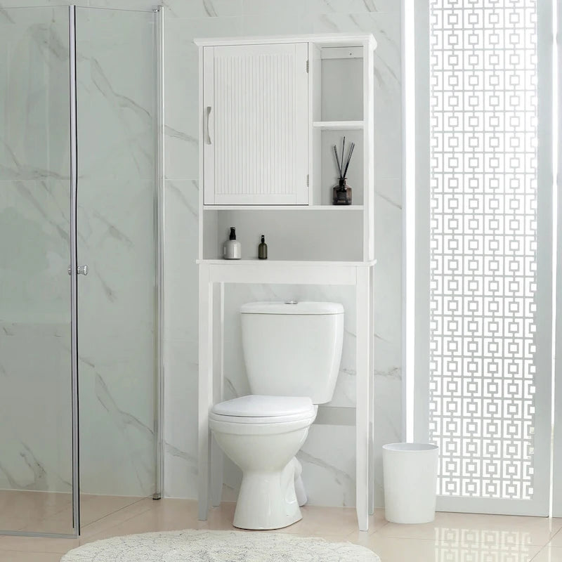 Meuble de rangement blanc à poser au-dessus des toilettes avec porte à panneaux à rainures et languettes et étagères ouvertes