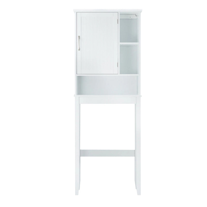 Meuble de rangement blanc à poser au-dessus des toilettes avec porte à panneaux à rainures et languettes et étagères ouvertes