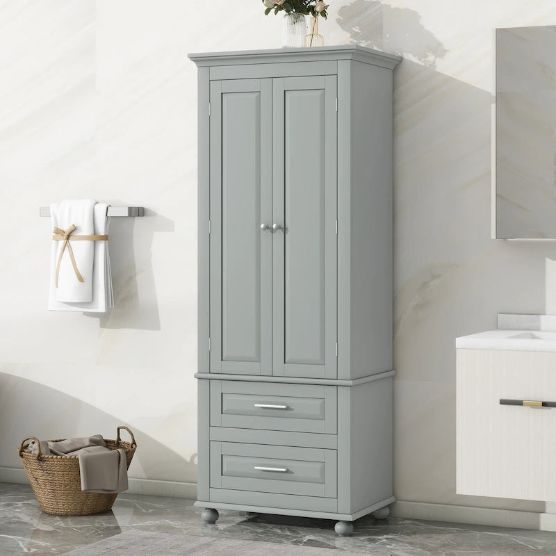 Meuble de rangement haut de salle de bain gris avec portes doubles et deux tiroirs