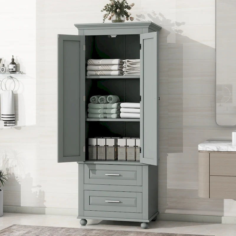 Meuble de rangement haut de salle de bain gris avec portes doubles et deux tiroirs